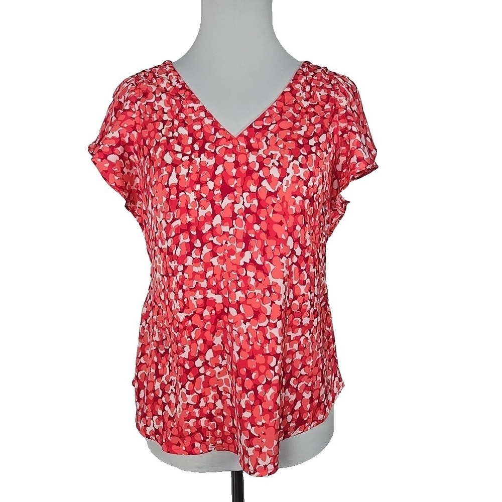 Liverpool Red Pink White Print Satin Flutter Sleeve V-neck Blouse Top XS